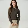 Suéter de cachemira pura para mujer, bordado a mano, mismo estilo que Xiao He, con cuello polo, capa interior cálida, capa base elegante, tejido