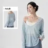 Top deportivo para mujer de corte holgado con cuello en V, camisa de fitness casual de manga larga de doble uso, cubierta de yoga ligera y transpirable
