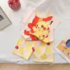 Pijama Feminino Verão Roupa de Bebê 2025 Novo Estilo Ocidental Crianças Grandes Verão Popular na Internet Manga Curta Shorts Conjunto de Duas Peças
