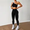 Conjunto de Ropa de Yoga Transfronterizo para Mujer, Sujetador Deportivo de un Hombro con Bloques de Color, Leggings de Cintura Alta que Levantan los Glúteos, Conjunto de Ropa para Pilates y Fitness