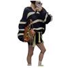 Top Exterior de Punto Grueso a Rayas Retro para Mujer Coreano Otoño e Invierno Nuevo Conjunto de Dos Piezas de Punto Holgado + Pantalones Cortos