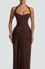 Vestido Largo Minimalista de Gama Alta, Estilo Maduro Sexy, Color Sólido, Cuello Halter, Ceñido a la Cintura, Cola de Pez, con Cintura Fruncida y Lazo
