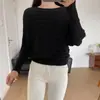 Comércio Exterior Transfronteiriço Gola de Um Botão Primavera e Outono Novo Manga Morcego Listras Caneladas Suéter Simples Feminino Camada Base Tendência