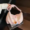 Dibujo Animado Coreano 2025 Nuevo Bolso de Hombro de Nailon a Cuadros Lindo Estampado Gran Capacidad Bolso Tote de Moda Estilo Preppy