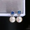 Accesorios de bricolaje, pendientes elegantes de plata de ley S925 con perla y diamante azul, pendientes con soporte vacío, pendientes semiacabados, soporte de plata para mujer.