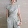 Saree de Peso Pesado Cristal Lyocell Tencel Sem Mangas Decote em V Bordado Cintura Torcida Perna Larga Conjunto Elegante de Alta Qualidade