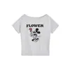 Camiseta de Verano Nuevo Estilo de un Hombro con Cuello Asimétrico y Mangas Cortas para Mujer Estampado de Caricatura de Mickey Top Casual Holgado Descubierto del Hombro para Mujer