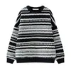 Suéter listrado retrô estilo coreano, estilo solto e preguiçoso, suéter feminino para outono e inverno, nova peça externa, suéter de comprimento médio