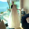 Vestido de verão sem mangas francês Moon faded para mulheres, camisola de renda, vestido de férias, chiffon bege claro