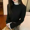 Top Base de Encaje Patchwork Cuello Semi Alto Mujer Otoño Invierno Doble Cara Cepillado Ajuste Delgado Sentido del Diseño Suéter de Punto Prenda Interior Superior Mujer
