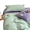 Nuevo Juego de Cuatro Piezas Rayado de Algodón Puro 2026, Algodón Lavado, Algodón Puro, Funda Nórdica con Borde Festoneado Vintage, Ropa de Cama Color Morandi