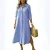 Comércio Exterior Transfronteiriço Estilo Europeu e Americano Listrado Ombro a Ombro Manga Três Quartos Festa de Feriado Moda Vestido Camisa de Comprimento Médio de Alta Qualidade