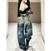 Calça Jeans Wide Leg Splicing Tie-Dye com Anel Redondo de Design de Nicho Transfronteiriço Estilo Casual Americano Lavada Desgastada com Perna Curva