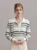 Estilo Intelectual Refrescante de Principios de Otoño Rayas de Colores Casual Cuello Polo Suéter de Punto Holgado para el Trabajo Ropa de Mujer 25811