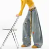 Pantalones vaqueros de pierna recta ancha para mujer, estilo caricatura americana divertida bordados con toalla, corte holgado, lavados y desgastados, diseño único