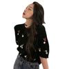 Estilo Transfronteiriço Novo Estilo Verão Fino Estilo Hyun Flor Bordada Top de Manga Curta Suéter Tricotado Feminino Gola Redonda Camiseta Básica Curta