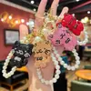 Lindo diseño de nicho Llavero de Gato de Arcilla y Pez con Pedrería, Colgante de Bolso con Cadena de Perlas Hecho a Mano para Mujeres