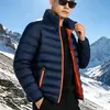 Jaqueta fina de algodão com gola alta masculina para outono e inverno, casaco acolchoado de algodão com listras horizontais simples, jaqueta de algodão masculina para deslocamento ao ar livre, fornecimento transfronteiriço