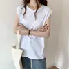 Camiseta Blanca Redonda Sencilla con Mangas Cortas Voladas para Mujer, Nuevo Estilo de Verano, Corte Holgado, Adelgazante, Top Básico Casual Versátil
