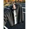 Suéter cárdigan a rayas de albaricoque para hombres y mujeres, para otoño e invierno, sensación perezosa y relajada, tejido, chaqueta cleanfit para parejas