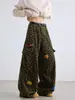 Jeans Americano Retro Estampa de Leopardo Transfronteiriço Calça Versátil Solta de Perna Larga Jeans Reto Tendência Streetwear