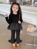 Conjunto Outono Hepburn Preto com Barra Bolha para Meninas 2023 Novo Tendência Famoso na Internet Moda Calça Flare Conjunto de Duas Peças