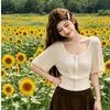 Camiseta de Manga Corta de Seda Helada con Pliegues Super Elegante para Mujer, Nueva Moda de Verano, Ceñida a la Cintura, Corte Ajustado, Top de Punto Versátil