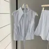 Conjunto de Top Sin Mangas Azul Sal Marina Solapa Estilo Coreano Primera Vez en la Costa Falda Larga de Línea A Cinturón Adelgazante