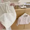 Estilo Coreano Niñas Otoño Nuevo Dulce Chic Cuello de Encaje Cárdigan de Punto Pantalones Casuales de Lunares Conjunto Versátil de Dos Piezas Moderno