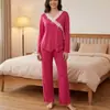 Conjunto Feminino de Casa Novo Estilo, Venda Transfronteiriça, Manga Longa, Calça Longa, Conjunto de Duas Peças com Renda, Decote V e Laço, Roupa Casual para Primavera e Outono