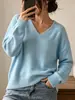 Suéter de punto de otoño e invierno para mujer de talla grande europea y americana, cuello en V, color liso, hombros caídos, corte holgado, puños acanalados, adecuado para uso diario, ir al trabajo y ocasiones casuales