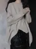 Suéter de Tricô para Mulheres, Estilo Solto e Preguiçoso, Design Morcego, Gola Redonda Escura, Comprimento Médio Irregular, Suéter Grosso para Outono e Inverno