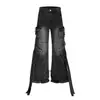 Jeans Oreeta de Pierna Ancha Estilo Y2K Americano para Hombres y Mujeres, Pantalones Retro Vintage Lavados y Desgastados con Lazo, Largos Hasta el Suelo