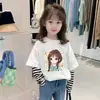 Camiseta de Manga Longa para Meninas Algodão Puro Outono Roupas Infantis Menina Desenho Animado Fofo Gola Redonda Camiseta Básica Top Falso de Duas Peças