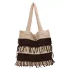 Estilo casual y relajado, bolsa de mano tejida a rayas con borlas, bolso de hombro tejido vintage de color contrastante con borde deshilachado, bolso de mano para estudiante