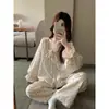 Toma Real de Ropa Exterior de Manga Larga a Cuadros Estilo Coreano Dulce y Fresco Floral de Algodón y Lino Estilo Pastoral Otoño 2025 Ropa de Casa para Mujer