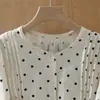 Foto Real de Camisa de Diseño Estilo Coreano con Lunares para Mujer, Nuevo Modelo de Primavera, Corte Holgado, Versátil, Cuello Redondo, Manga Larga, Top de Camisa 100% Algodón
