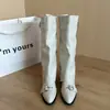 Botas de Cavaleiro Outono/Inverno de Salto Grosso Botas Longas Femininas Novo Estilo 2026 Emagrecedoras Fivela de Cinto de Couro Empilhada Destacável Bico Fino