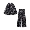 Conjunto de dos piezas para mujer de comercio exterior transfronterizo estilo chino nuevo europeo y americano con estampado, cuello alto vintage, top corto y pantalones de pierna ancha