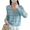 Cárdigan de punto con rayas de lentejuelas y cuello en V para mujer, nuevo estilo otoño 2026, top holgado y versátil, chaqueta suéter fina de manga larga