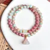 Pulsera de Piedra Shoushan Natural, Exquisita Pulsera Doble Círculo de Piedra Rosa Flor de Durazno, Nueva Joyería Estilo Chino para Mujer, Regalo para Mejor Amiga