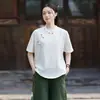 26 Verão Novo Algodão Linho Roupas Femininas Estilo Zen Budista Retrô Gola Alta Costura Botões de Rã Roupas Lisas Lapela Assimétrica Camisa Top