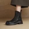 Botines Cortos de Tacón Grueso y Suela Gruesa Estilo Británico Pulidos para Mujer Otoño e Invierno 2025 Piel de Vaca de Primera Capa Punta Redonda Cremallera Doble Botas Chelsea