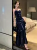 Vestido Azul com Babados Francês de Suspensório, Vestido de Alta Costura, Vestido Longo Feminino para Banquete Férias na Praia Verão