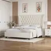 Cama de Tela Vintage Acolchada Estilo Francés, Cama Doble de Lujo Ligero para Dormitorio Principal, Cama Tapizada de Terciopelo Color Crema con Respaldo Alto, Cama Estilo Americano