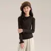Camiseta Base de Punto Casual con Cuello Volante para Niñas 2026 Otoño Nuevo Estilo Coreano Ajuste Delgado Versátil Top de Manga Larga para Niños