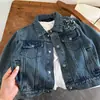 Jaqueta Infantil 2026 Olhos Apertados Outono Novidades Meninos e Meninas Estilo Coreano Patchwork Jaqueta Jeans Bebê Top Estiloso