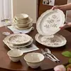 Juego de Vajilla Cerámica Vintage Estilo Francés de Alta Calidad para Uso Doméstico, Incluye Platos Repujados, Tazones para Arroz, Tazones para Sopa y Tazones para Fideos