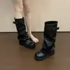 Botas de Moda con Hebilla para Motociclista Botas Largas Nuevas Botas con Remaches Mujer Tubo Alto Tacón Grueso Circunferencia de Tubo Grande Botas Largas 2026