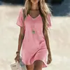 2026 Nuevo Estilo Transfronterizo Europeo y Americano para Mujer Vestido Casual Cómodo de Algodón y Lino de Color Sólido con Mangas Cortas y Cuello en V con Bolsillo